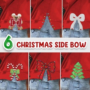 May include: A red sweatshirt featuring six different embroidered side designs: a gingerbread person with a red bow, a scalloped tree with lights, a white bow, two candy canes with a green bow, a black bow with lights, and a green tree.