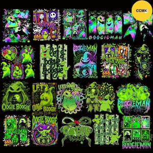 May include: A collection of digital graphic designs featuring characters from The Nightmare Before Christmas, primarily Oogie Boogie, in vibrant neon green, purple, and black. The images include text such as Let's Oogie Boogie and Boogieman.