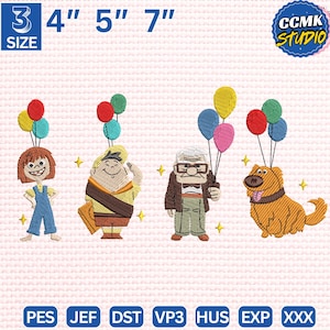 May include: Embroidered designs featuring characters from the animated film "Up", each holding colorful balloons. The designs include a girl, a man, an older man, and a dog. The size options are 3, 4, 5, and 7 inches.
