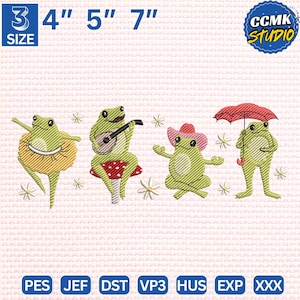 Puede incluir: Diseños de ranas bordadas en varias poses, incluyendo una bailarina, un músico y un vaquero, con un paraguas rojo. Los diseños están disponibles en tamaños de 10 cm, 13 cm y 18 cm. La imagen también incluye el texto "CCMK STUDIO".