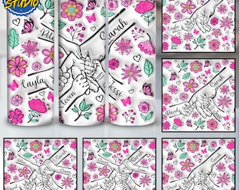 Personalized Holding Mom‘s Hand 3D Inflated Effect Tumbler Design, Holding Mama's Hand Tumbler,Mother's Day Floral 20oz Skinny Tumbler Png