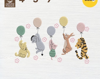Diseño de bordado vintage de oso y amigos, diseño de bordado de Magic Kingdom, diseño de bordado de dibujos animados de la película Honey Bear, descarga instantánea