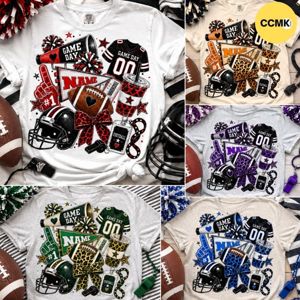 Pacote de imagens PNG com nomes de times e pinceladas para o dia do jogo de futebol americano, desenhos de leopardo jogando futebol americano, imagens PNG da temporada de touchdowns e imagens PNG com a vibe do dia do jogo.