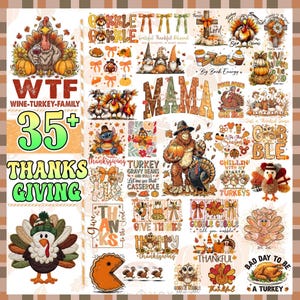 May include: A collage of Thanksgiving-themed graphics and text. Designs include turkeys, pumpkins, and the words "Thanksgiving," "Gobble," and "Mama." The color palette features warm tones of orange, brown, and green.