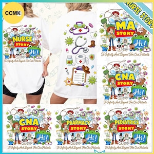 Puede incluir: Una camiseta blanca con un estampado gráfico de varios personajes de dibujos animados y suministros médicos. El diseño incluye un estetoscopio, un maletín médico, un portapapeles y pastillas, con el texto Nurse, CNA, Pharmacy o Pediatrics Story.