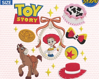 Diseño de bordado de lazo de espejo de chica vaquera, diseño de bordado de Reino Mágico, diseño de bordado de dibujos animados de la película Toys, descarga instantánea