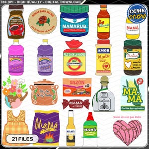 May include: A digital download graphic featuring various products with Spanish text, including coffee, ointment, sauces, and snacks. The designs include phrases like "Feliz Dia de las Madres" and "Mama", with a variety of colors and styles.