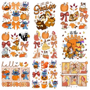 Pu&ograve; includere: Una collezione di adesivi a tema autunnale con personaggi Disney come Stitch, Cip e Ciop, Winnie the Pooh e varie principesse, insieme a zucche, foglie autunnali, fiocchi e testi stagionali come 'Tis The Season' e 'hello cozy season'.