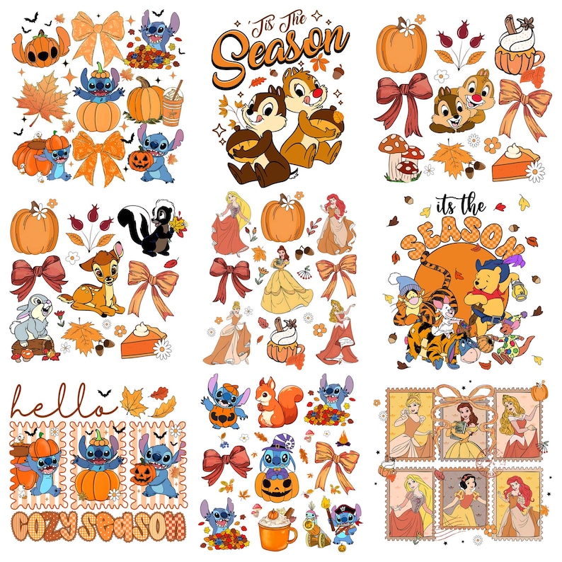 Pu&ograve; includere: Una collezione di adesivi a tema autunnale con personaggi Disney come Stitch, Cip e Ciop, Winnie the Pooh e varie principesse, insieme a zucche, foglie autunnali, fiocchi e testi stagionali come 'Tis The Season' e 'hello cozy season'.