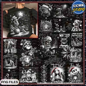 May include: A black digital download with grayscale Christmas illustrations. Designs include the Grinch, Jack Skellington, and Whoville scenes, with text overlays such as "Tis the Season" and "Believe in the magic." The image is labeled as 300 DPI high quality.