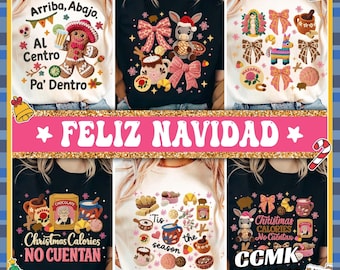 May include: A collection of six t-shirts with Christmas-themed designs. The shirts feature various graphics, including gingerbread men, bunnies, bows, and text in Spanish and English. The text includes "Feliz Navidad" and "Christmas Calories No Cuentan."