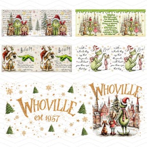 May include: A collection of Christmas-themed illustrations featuring characters from the Grinch story. The images include the Grinch, Cindy Lou Who, Max the dog, and other Whoville elements, with text overlays.