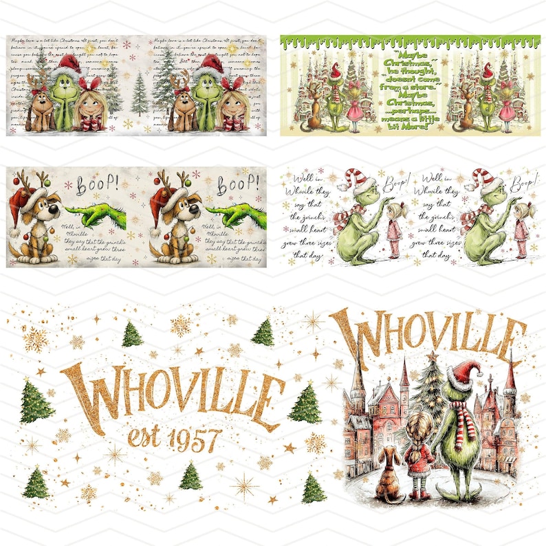 May include: A collection of Christmas-themed illustrations featuring characters from the Grinch story. The images include the Grinch, Cindy Lou Who, Max the dog, and other Whoville elements, with text overlays.