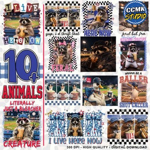 Può includere: Un collage di arte digitale con vari animali, tra cui procioni e anatre, in ambientazioni a tema baseball. Le immagini includono testo come "I Live Here Now", "Feral" e "Wanna Be a Baller".