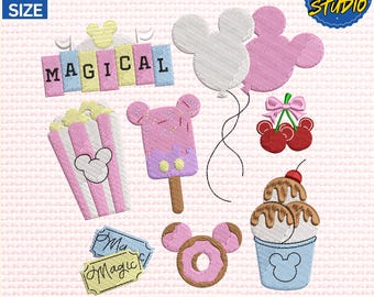 Diseño de bordado de Magic Kingdom, diseño de bordado de niña de dibujos animados de ratón, diseño "Aquí para el refrigerio", bordado de 3 tamaños, descarga instantánea