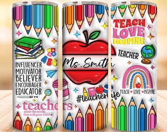 3D Inflated Custom Teacher Tumbler Wrap, Puffy Teacher Rainbow Tumbler, Pink Teacher 20oz Skinny Tumbler Png, Teacher Life Tumbler Wrap