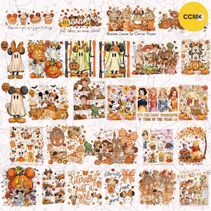May include: A digital sheet of various autumn-themed illustrations featuring cartoon characters, pumpkins, coffee cups, and fall foliage. The designs include text such as 'fall vibes on main street', 'Autumn Leaves & Coffee Please', and 'IT'S THE MOST WONDERFUL TIME OF THE YEAR'.