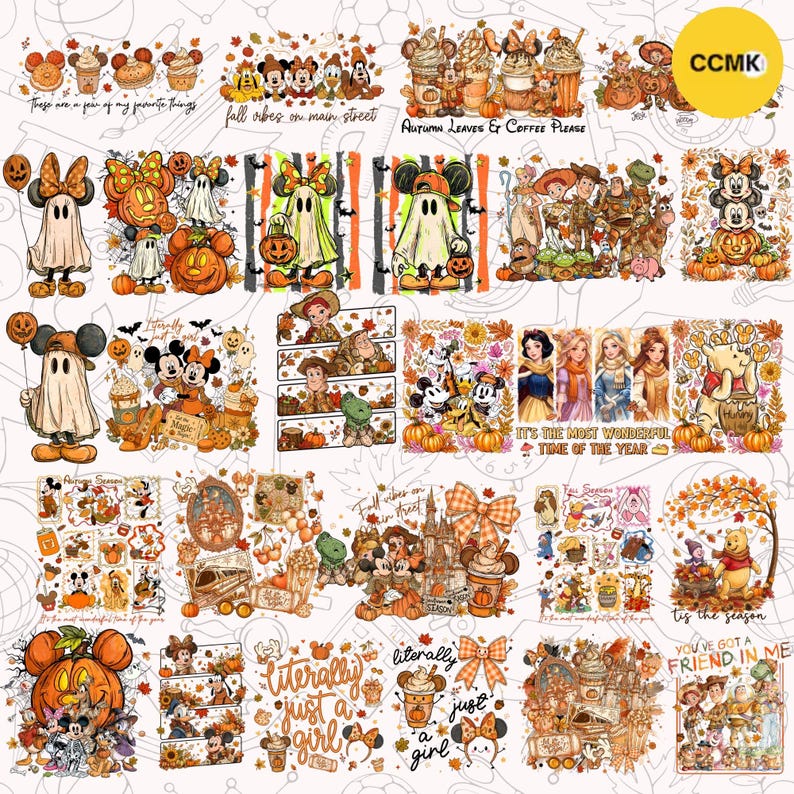 Puede incluir: Una hoja digital con varias ilustraciones de tem&aacute;tica oto&ntilde;al que incluyen personajes de dibujos animados, calabazas, tazas de caf&eacute; y follaje de oto&ntilde;o. Los dise&ntilde;os incluyen textos como 'fall vibes on main street', 'Autumn Leaves & Coffee Please' y 'IT'S THE MOST WONDERFUL TIME OF THE YEAR'.