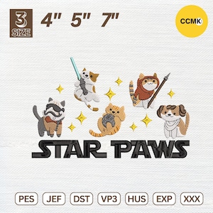 Può includere: Design ricamato con gatti dei cartoni animati vestiti da personaggi di Star Wars, con la scritta "STAR PAWS". Il design include dimensioni di 10 cm, 13 cm e 18 cm ed è ambientato su uno sfondo bianco. Il design include anche la scritta "3 SIZE".