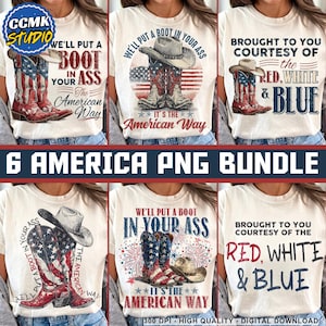 Peut inclure: Ensemble de six t-shirts crème avec des motifs patriotiques. Chaque t-shirt présente un graphisme unique, notamment des bottes de cowboy, un chapeau de cowboy et des textes tels que "We'll put a boot in your ass" et "Red, White & Blue".