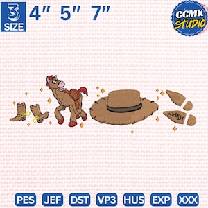 May include: Embroidered cowboy-themed design with a brown cowboy hat, horse, boots, and footprints with the name "ANDY". Available in sizes: 7.6 cm, 10.2 cm, 12.7 cm, and 17.8 cm. The image also includes the text "CCMK STUDIO".