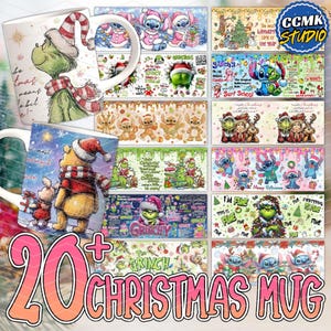 Peut inclure: Une collection de mugs de Noël avec divers motifs sur le thème des fêtes. Les mugs présentent des personnages comme le Grinch, Winnie l'Ourson et Stitch, avec du texte et des graphiques festifs. L'image comprend une variété de modèles de mugs et le texte "20+ CHRISTMAS MUG".