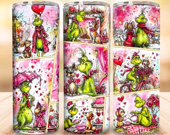 Retro Green Character Valentine Tumbler Wrap, Sweet Love Cup Wrap, Cute Grumpy Green Character With Heart Balloons In Pink Winter Village