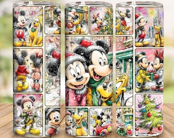 May include: A stainless steel travel mug with a collage of Mickey Mouse, Minnie Mouse, and Pluto in a winter scene. The design includes images of the characters in festive attire, snow, and a Christmas tree.
