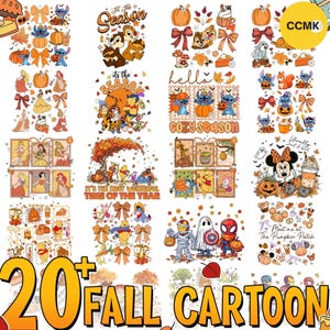 Pu&ograve; includere: Una collezione digitale di oltre venti grafiche di cartoni animati a tema autunnale con personaggi come Stitch, Winnie the Pooh e le principesse Disney. I disegni includono zucche, foglie autunnali, fiocchi e testi come 'Tis The Season'.