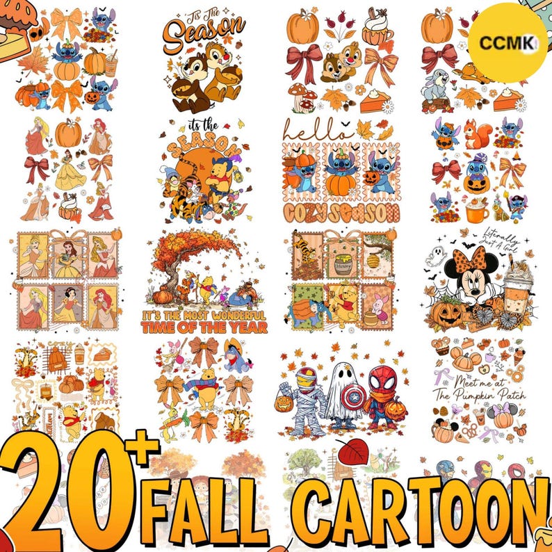 Pu&ograve; includere: Una collezione digitale di oltre venti grafiche di cartoni animati a tema autunnale con personaggi come Stitch, Winnie the Pooh e le principesse Disney. I disegni includono zucche, foglie autunnali, fiocchi e testi come 'Tis The Season'.