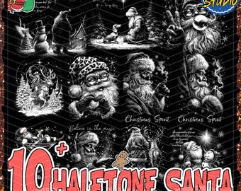 May include: A black and white digital download featuring ten halftone illustrations of Santa Claus in various poses. The image includes text that reads "10 Halftone Santa" and "300 DPI - High Quality - Digital Download."