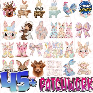 45+ patchwork lentebloem png-bundel, namaak gewatteerd religieus shirt png, hij is verrezen png, namaakchristelijke paasbundel Cottagecore Jezus
