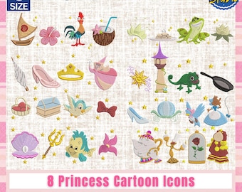 May include: A collection of 8 princess cartoon icons, including a boat, flower, rooster, coconut, frog, tower, and more. The image includes the text "8 Princess Cartoon Icons" and size measurements of 3, 4, 5, and 7 inches.