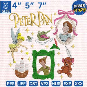 Könnte beinhalten: Ein Stickdesign mit Elementen von Peter Pan. Enthält den Text "PETER PAN" in Gold, eine Fee, ein Krokodil, ein Schiff und einen Teddybären. Die Designgrößen sind 7.6, 10.2, 12.7 und 17.8 cm.