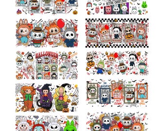10 Horror Movie Friends Tarot Halloween Coffee Glass Can Design Bundle,Spooky Cartoon Dolls 16oz Libbey Glass Can Wrap, Horror Cartoon Glass