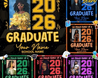 Plantillas editables de camisetas de graduación de Canva 2026, camiseta de graduación 2026 (PNG), promoción de último año 2026, plantilla de graduado 2026, familia orgullosa (PNG)