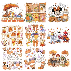 Pu&ograve; includere: Una collezione di nove illustrazioni digitali con personaggi Disney come Winnie the Pooh, Ih-Oh, Pimpi, Tigro e Toy Story in ambientazioni autunnali con zucche, foglie, bevande al caff&egrave; e testi come It's The Most Wonderful Time Of The Year.