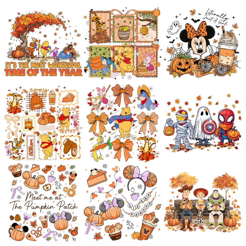Pu&ograve; includere: Una collezione di nove illustrazioni digitali con personaggi Disney come Winnie the Pooh, Ih-Oh, Pimpi, Tigro e Toy Story in ambientazioni autunnali con zucche, foglie, bevande al caff&egrave; e testi come It's The Most Wonderful Time Of The Year.
