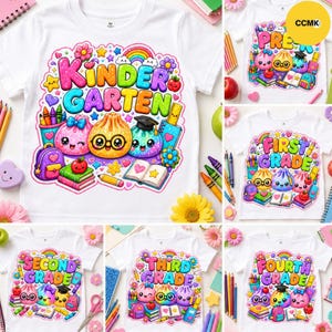 May include: A white short-sleeve t-shirt featuring a colorful graphic print with the text KINDERGARTEN, FIRST GRADE, SECOND GRADE, THIRD GRADE, or FOURTH GRADE, surrounded by cartoon school supplies, books, and smiling dumpling characters.