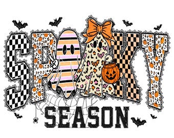 Retro Halloween Spooky Ghost Png, Halloween Leopard Checkered Fall, Spooky png, Halloween Girly png, Fall png, Bats Png, Digital Design