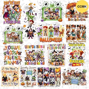 May include: A digital collage featuring various Disney characters in Halloween costumes, including Woody, Buzz Lightyear, Mickey Mouse, and Winnie the Pooh. The designs incorporate pumpkins, spiderwebs, and text such as You've Got A Friend In Me and The Most Wonderful Time Of The Year.