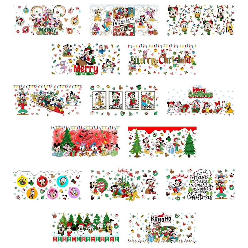 May include: A collection of Christmas-themed designs featuring Mickey Mouse and friends. The designs include various scenes with Christmas trees, ornaments, and the text "Merry Christmas" and "Have yourself a merry little Disney Christmas".