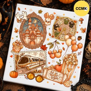 Fall Magic Theme Park PNG, Autumn Castle Train PNG, Cute Mouse Ears Fall Design, Pumpkin Popcorn PNG, Cozy Halloween Shirt Sublimation
