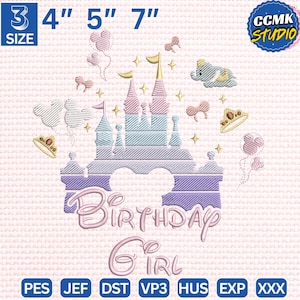 May include: An embroidered design featuring a castle, balloons, stars, and an elephant. The text "BIRTHDAY GIRL" is displayed below the castle. The design is available in 3", 4", 5", and 7" sizes.