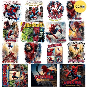 Può includere: Una collezione di illustrazioni digitali di Spider-Man con varie pose d'azione, vignette di fumetti e paesaggi urbani. I design includono il testo Spider-Man Brand New Day in caratteri rossi e blu, con vivaci stili ad acquerello e grafica.
