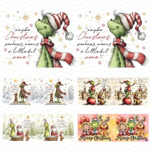 May include: A collection of Christmas-themed illustrations featuring a green character with a red and white striped hat and scarf. The text "maybe Christmas perhaps means a little bit more!" is included. Other images show the character with a dog and the text "Merry Christmas".