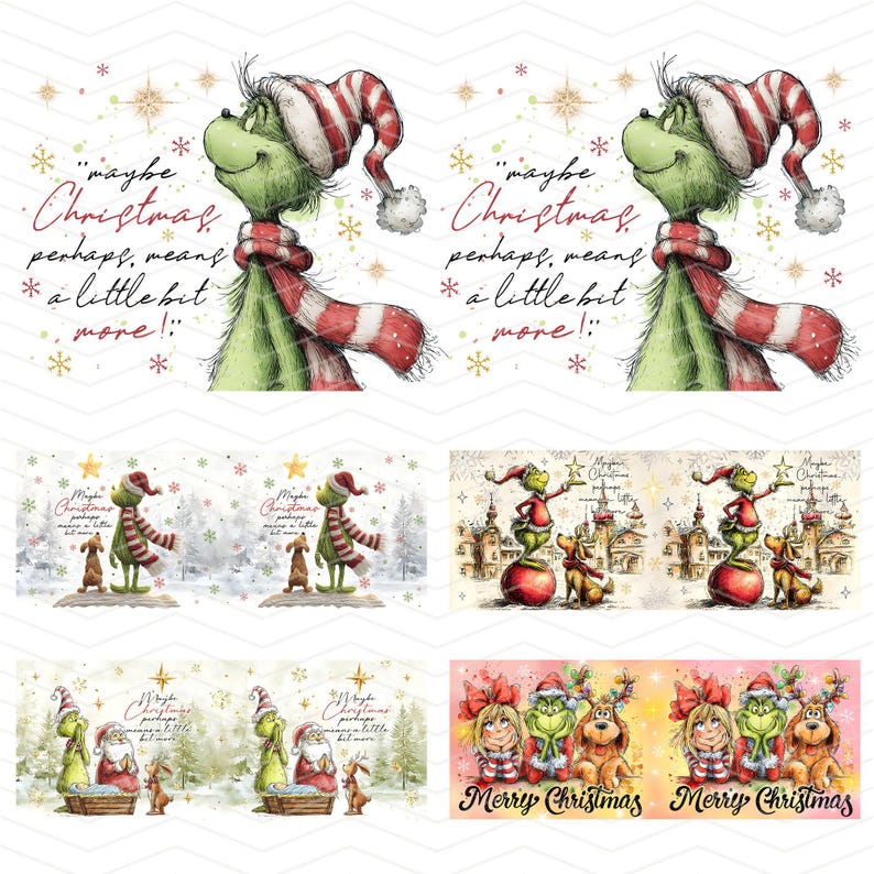May include: A collection of Christmas-themed illustrations featuring a green character with a red and white striped hat and scarf. The text "maybe Christmas perhaps means a little bit more!" is included. Other images show the character with a dog and the text "Merry Christmas".