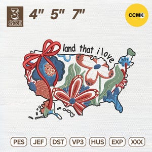 4. Juli Stickerei, Blumen Boho Amerika Karte Stickerei, Land dass ich liebe Stickdatei, sofort Download