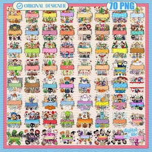 May include: A collection of 70 PNG digital file designs featuring various themes, including Christmas, Halloween, and cartoon characters. Each design has a decorative banner with text space, surrounded by colorful illustrations and the text "ORIGINAL DESIGNER".