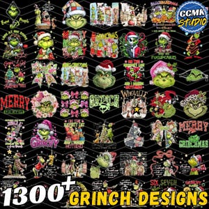 May include: A selection of Grinch-themed designs on a black backdrop. The designs showcase the Grinch in various Christmas scenarios, with text such as "Merry Grinchmas" and "WhoVille". The image also includes the text "1300+ Grinch Designs".
